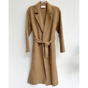AYR The Closer Belted Camel Trench Coat Recycled Wool Long Wrap Jacket Tan Sz XS